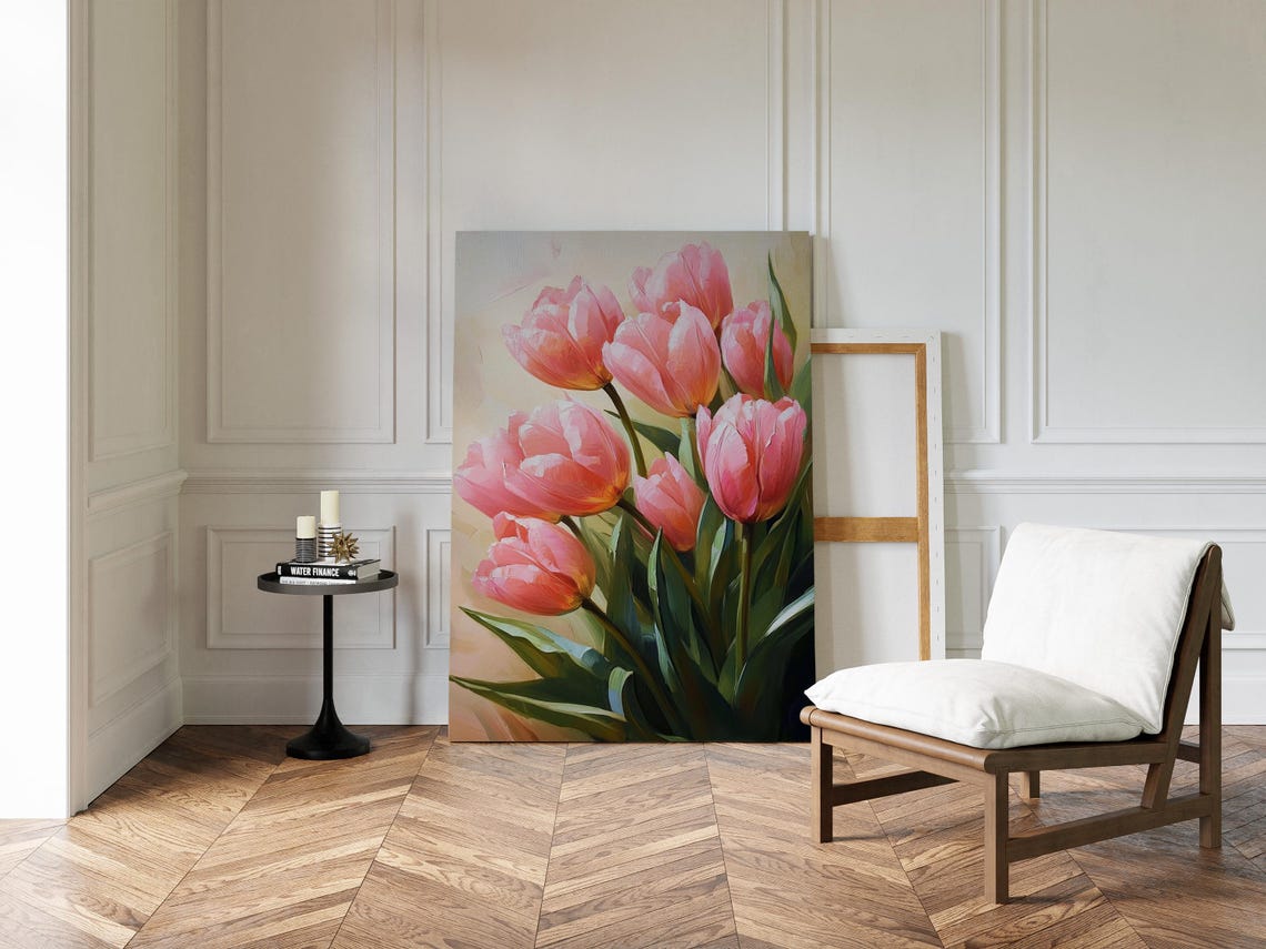 Pink Tulips in Soft Sunlight Cheerful Floral Painting Wall Art - Image 6