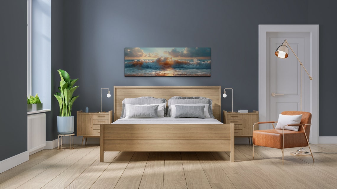 Golden Ocean Waves Breaking Sunset Surf Dramatic Seascape Wall Art - Image 4