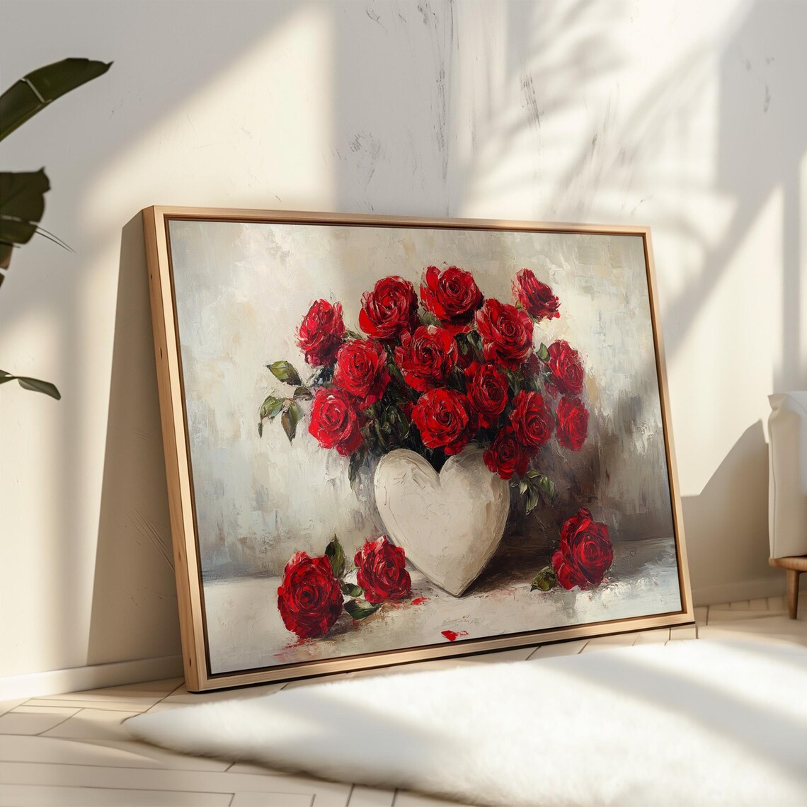 Red Rose Bouquet In White Heart Vase Romantic Oil Painting Poster - Image 4