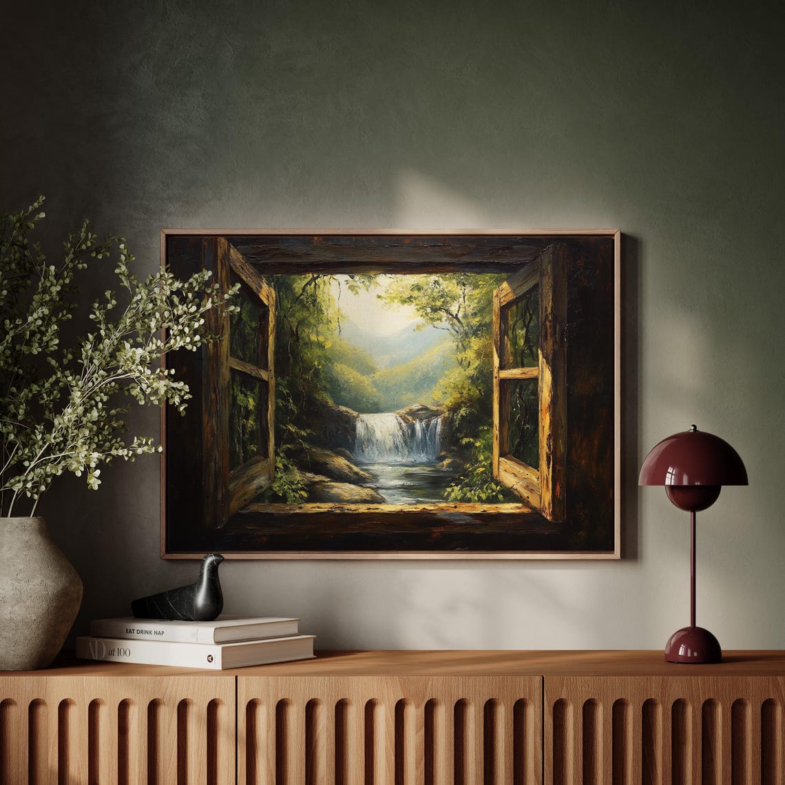 Rustic Open Window Waterfall Lush Forest Mountain Valley View Poster - Image 3