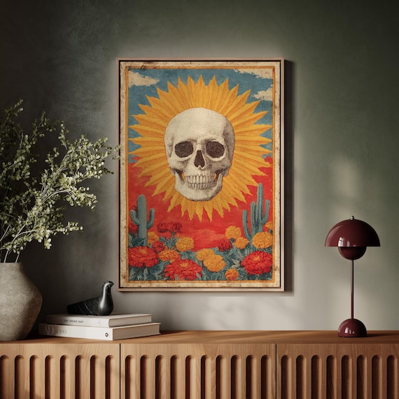 Desert Sun Skull Radiant Marigold Cactus Day Of Dead Fire Poster