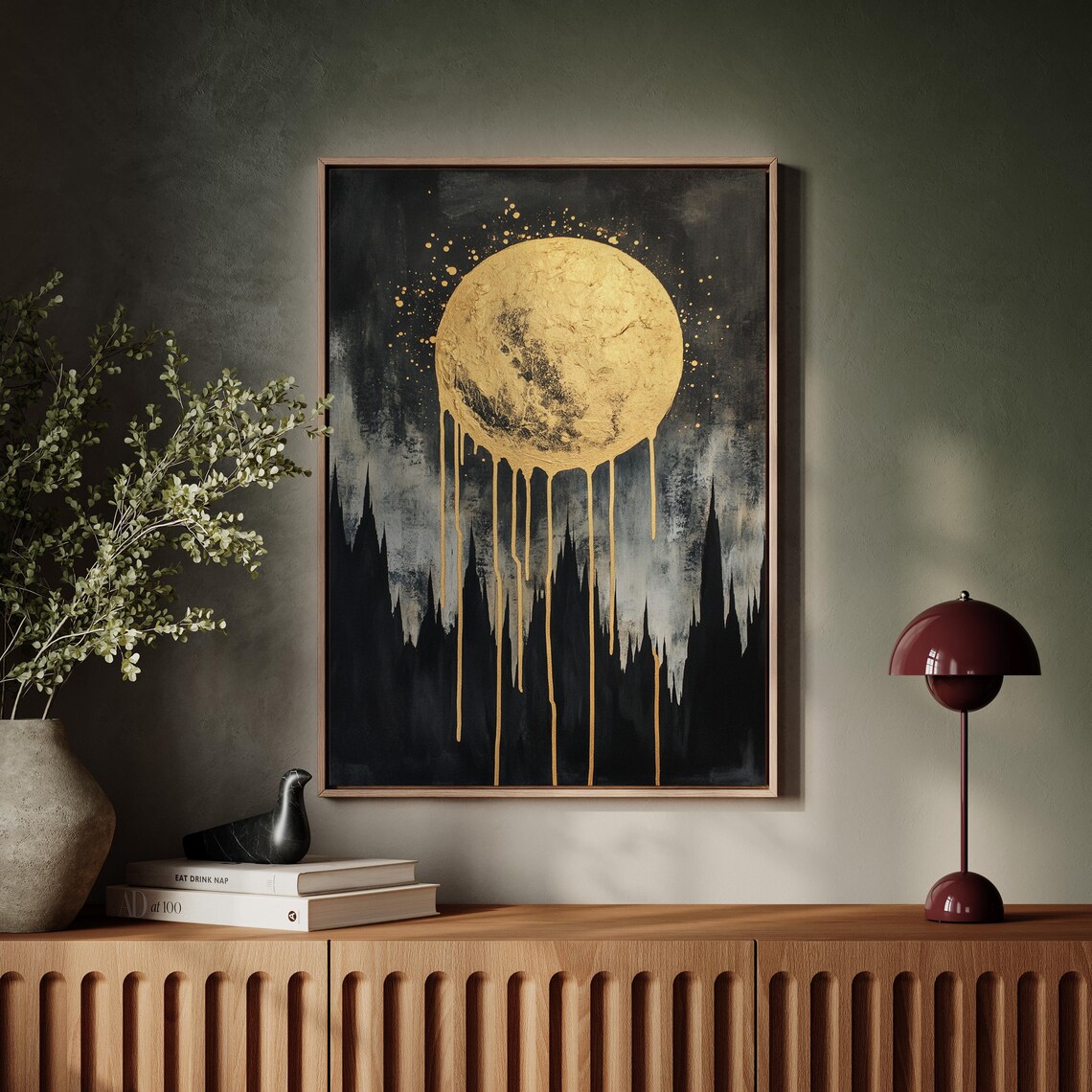 Golden Dripping Moon Over Black Mountains Abstract Night Poster