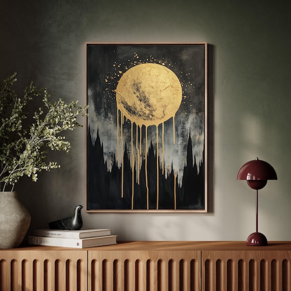 Golden Dripping Moon Over Black Mountains Abstract Night Poster