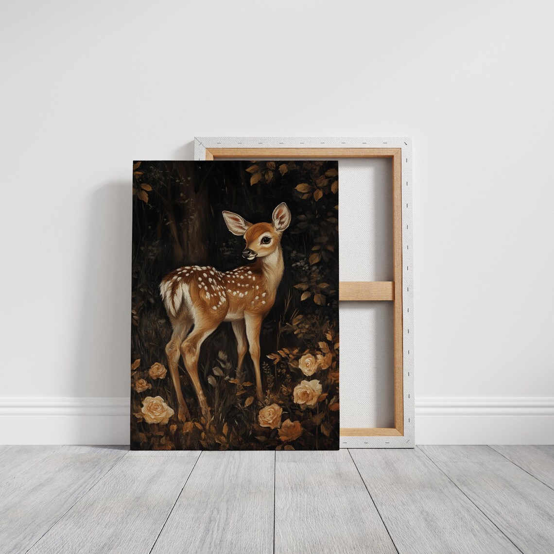 Baby Fawn In Shadowy Forest With Golden Roses Painting Poster - Image 6
