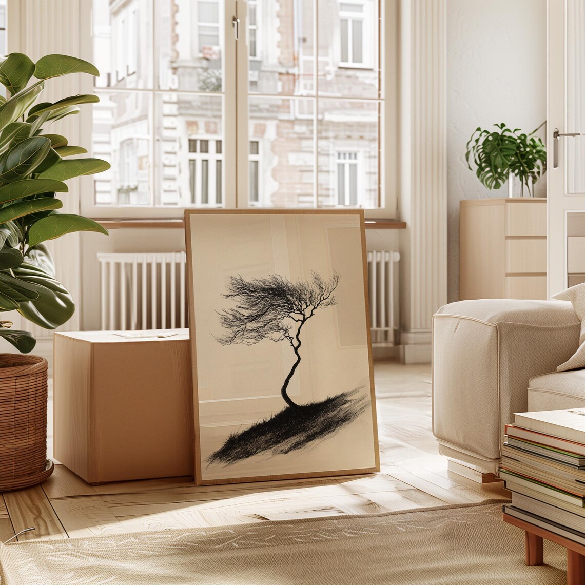 Minimalist Windblown Tree, Monochrome Art Print - Image 2
