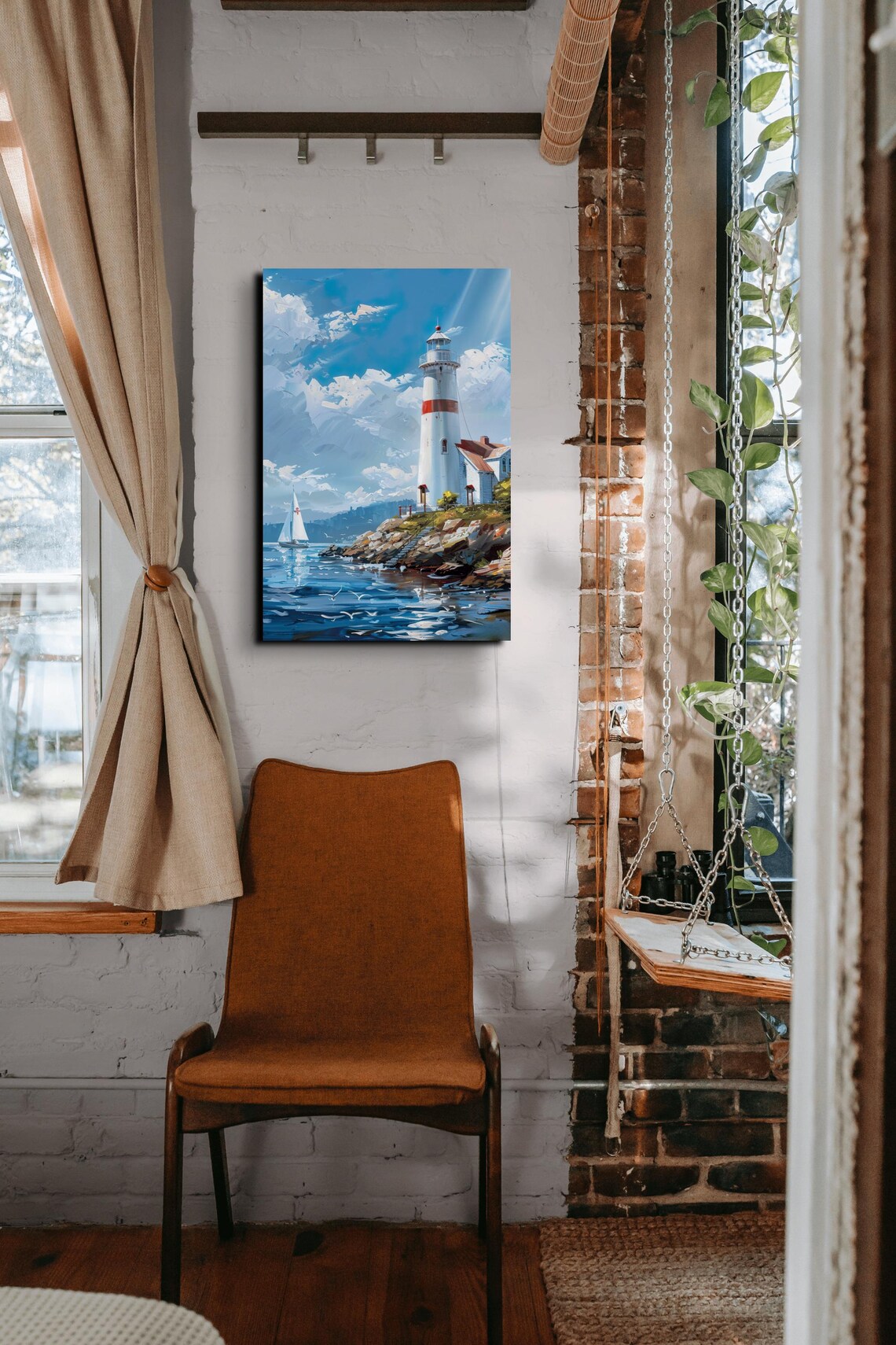 White Lighthouse With Red Band Rocky Shore Ocean Painting Poster - Image 5