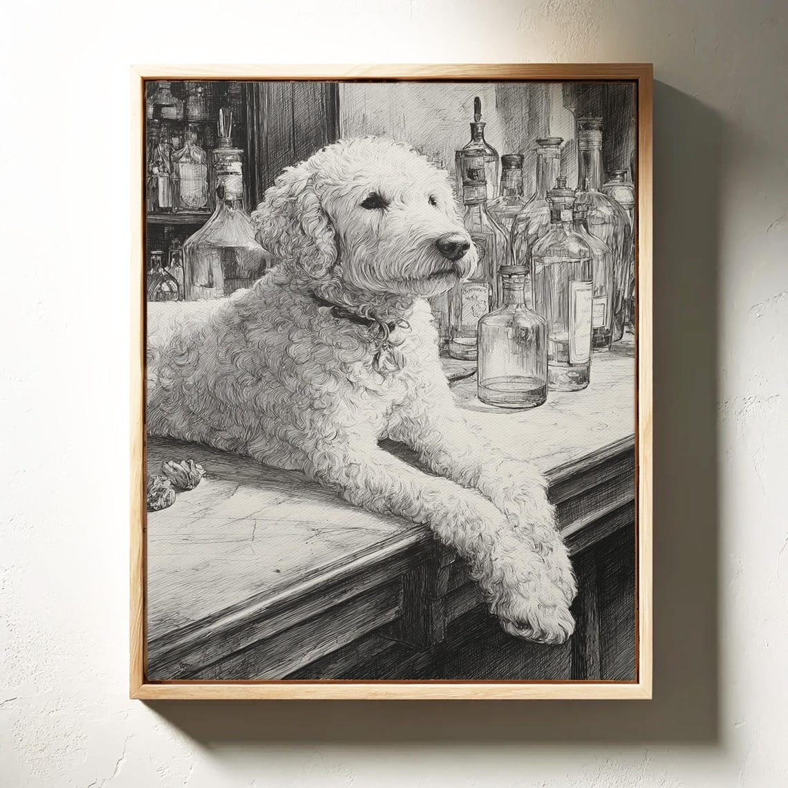 Curly Haired Doodle Resting On Vintage Bar Counter Sketch Poster