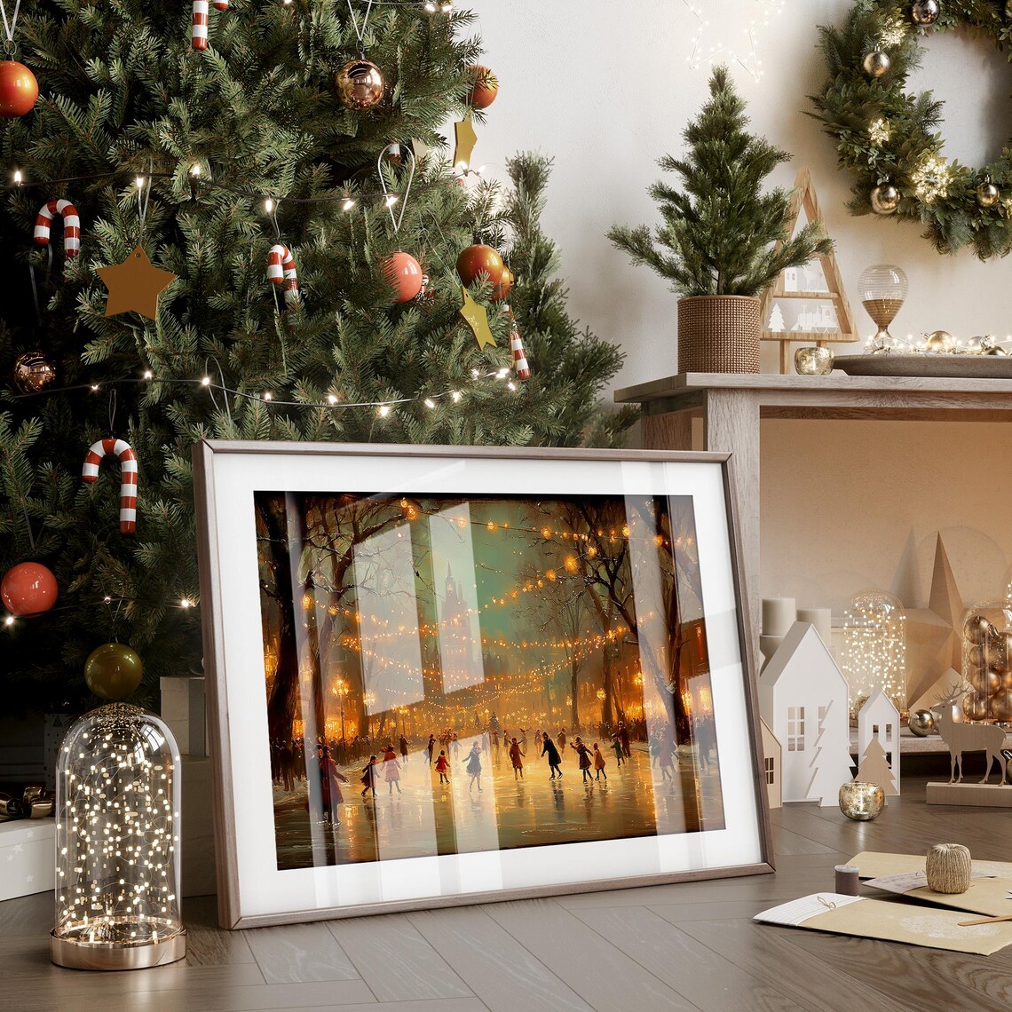 Victorian Ice Skaters Under Winter Lights Art Print