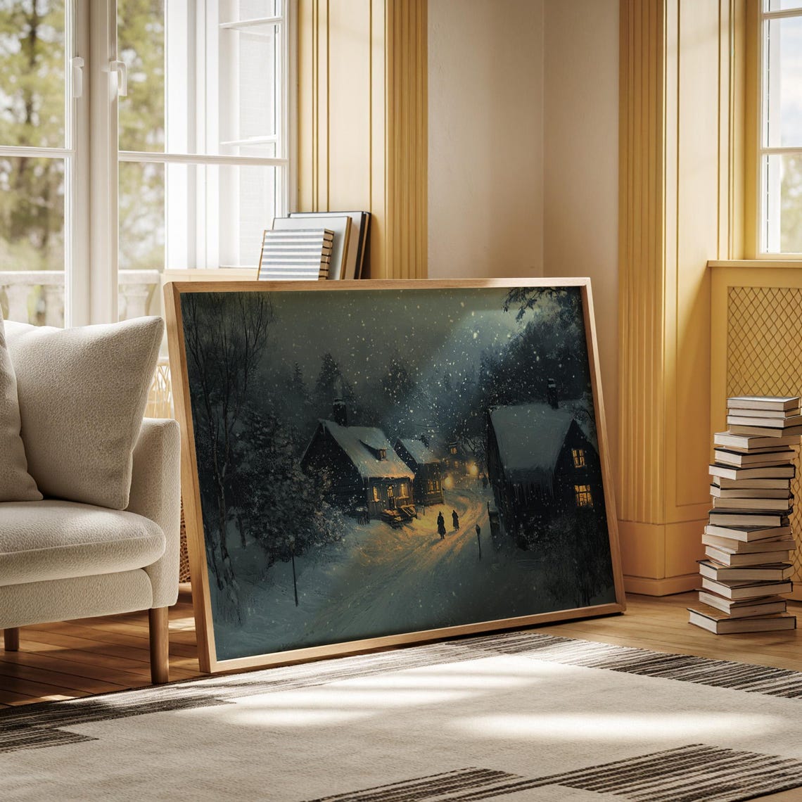 Snowy Village at Night with Warm Glowing Windows Winter Art Poster - Image 6
