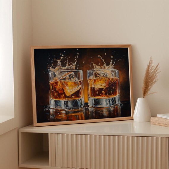 Two Whiskey Glasses With Splashing Ice Cubes Dark Bar Painting Poster