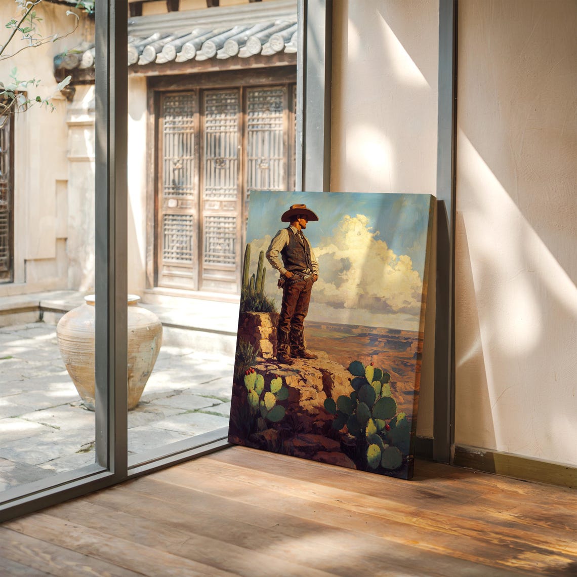 Tall Cowboy Standing On A Cliff Edge Over Desert Valley Poster - Image 3