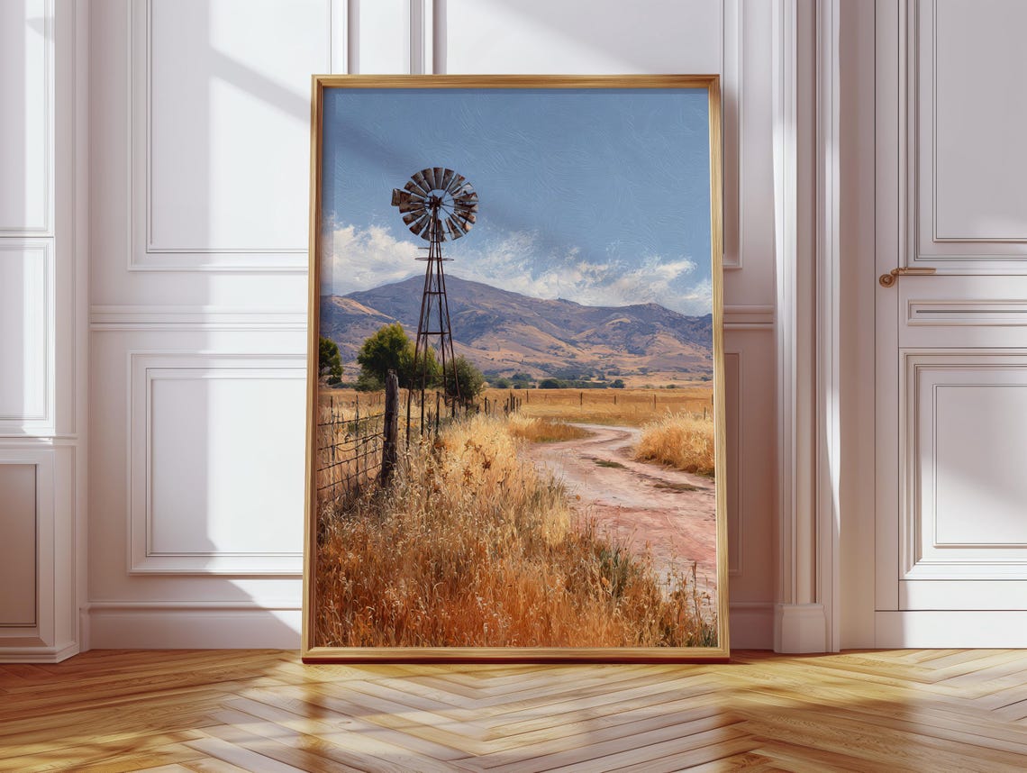Rustic Windmill on Golden Prairie Vintage Farm Landscape Poster