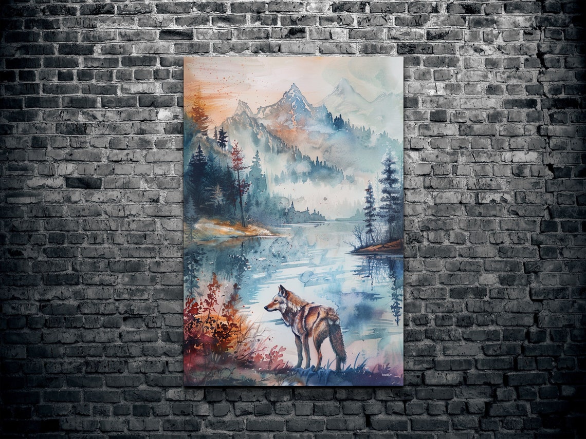 Watercolor Wolf Naturescape Art Print - Image 2