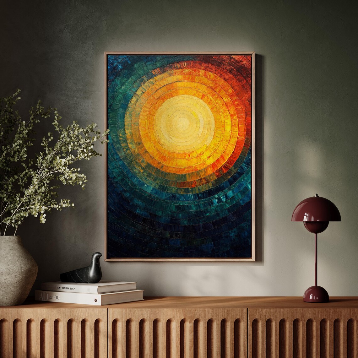 Vibrant Abstract Sun Golden Center Teal Rings Modern Art Poster - Image 4