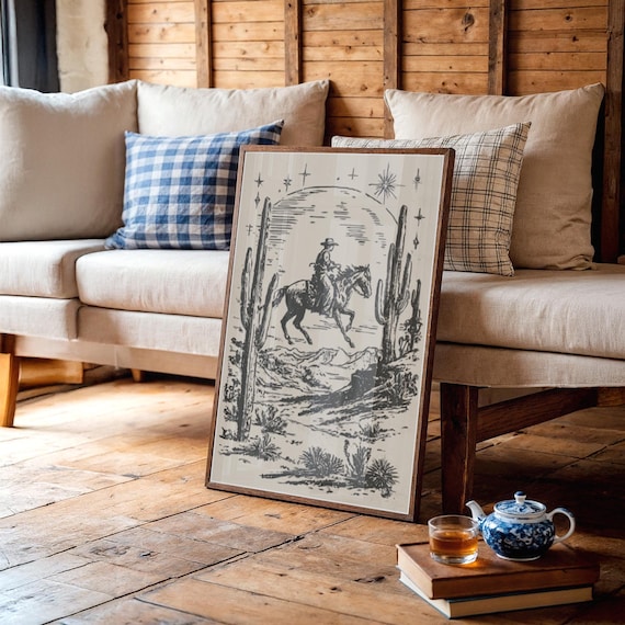 Lone Cowboy Riding Under Desert Stars Vintage Etching Poster