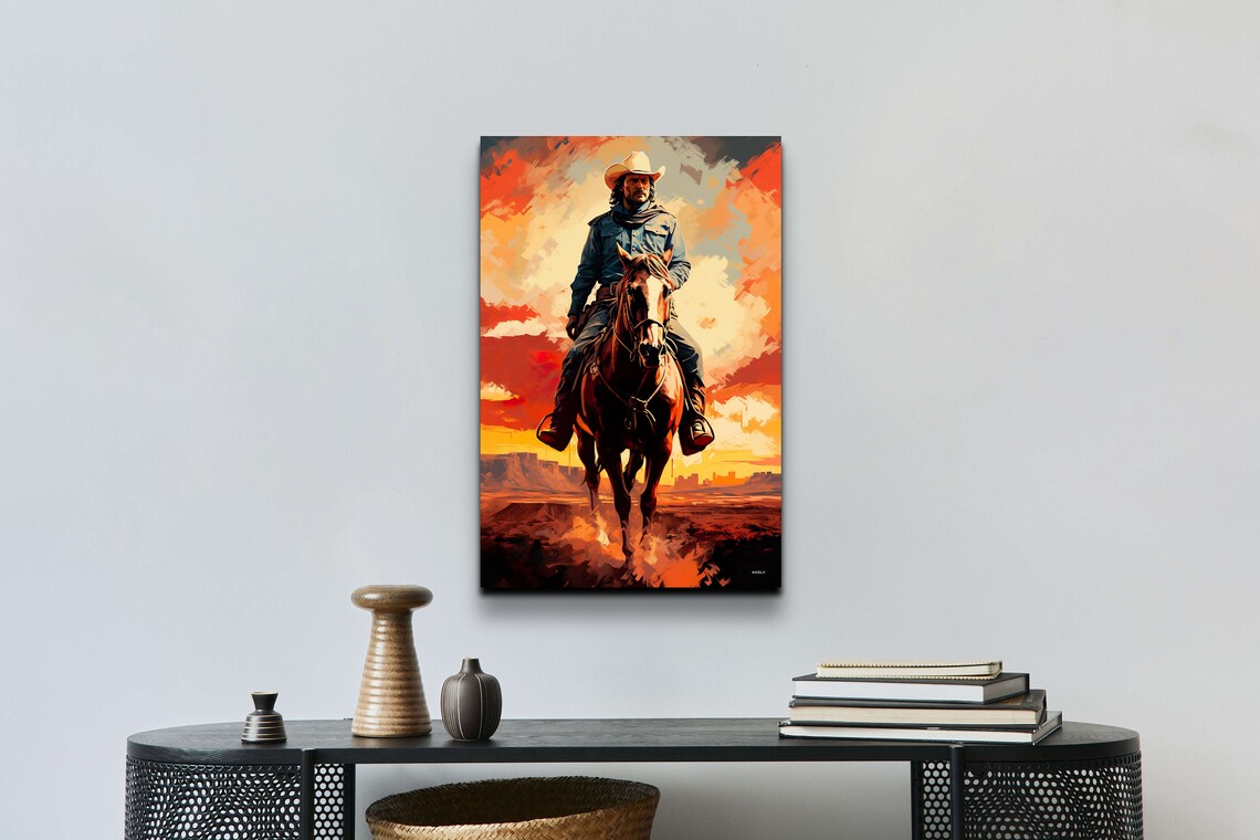 Cowboy Riding Into The Sunset, Southwestern Art Print - Image 4