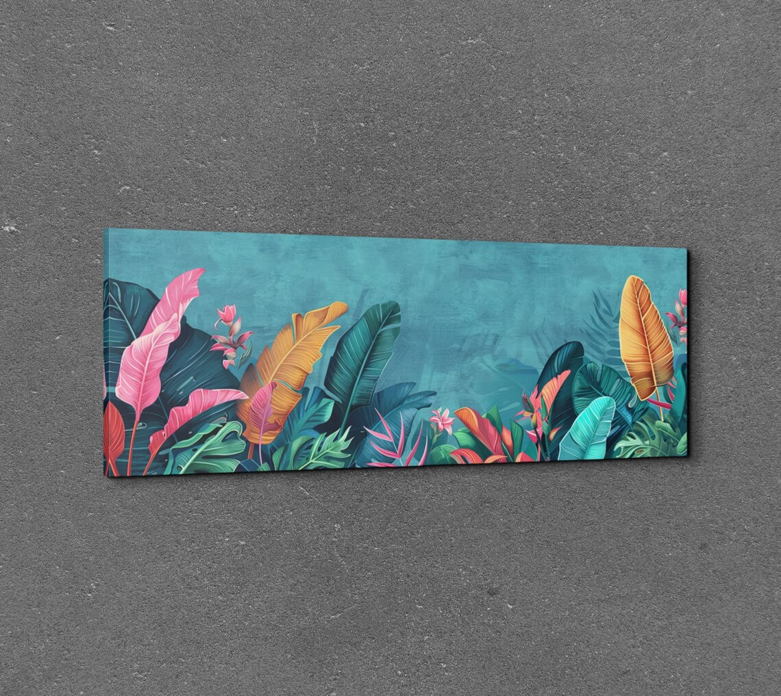 Colorful Tropical Leaves in Pink and Teal Panoramic Wall Art - Image 5