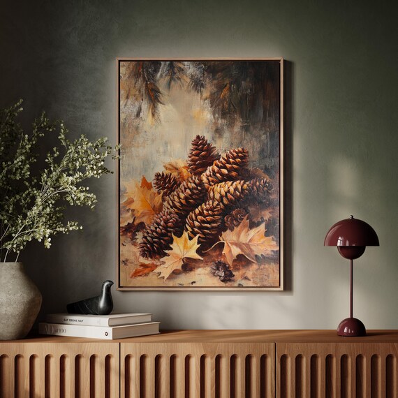 Rustic Pinecones and Autumn Leaves Cozy Fall Nature Painting Poster