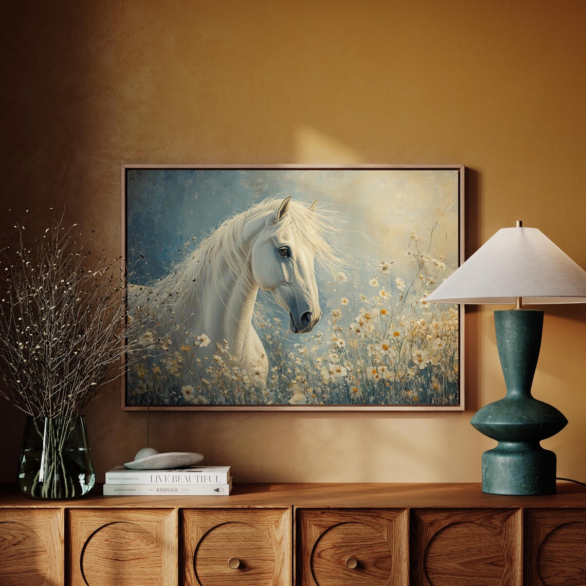 White Horse Daisy Meadow Portrait Elegant Equine Fine Art Print - Image 3