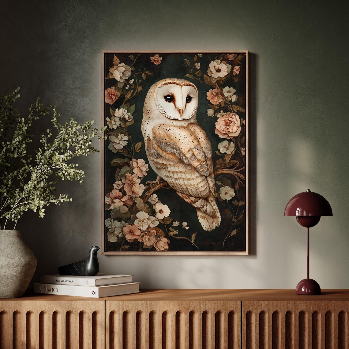Barn Owl Surrounded by Peach Blossoms Dark Floral Art Poster