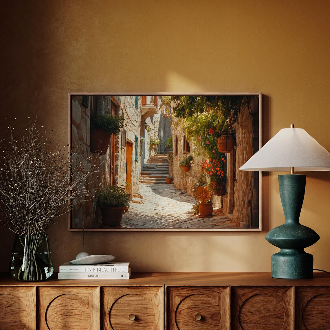 Mediterranean Stone Alleyway Steps Floral Village Street Poster