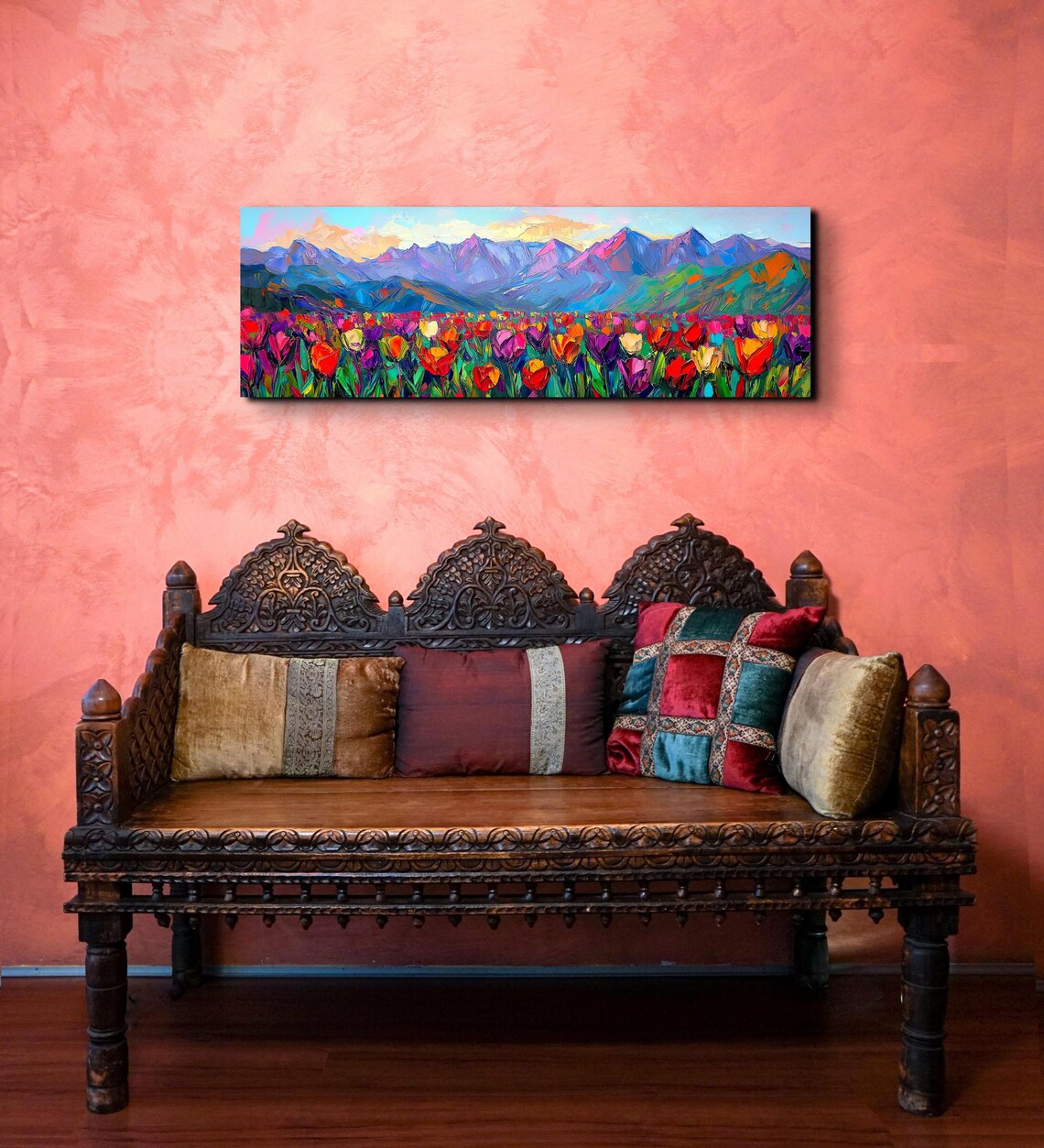 Colorful Tulip Field Mountain Sunset Panoramic Impasto Art Poster - Image 4