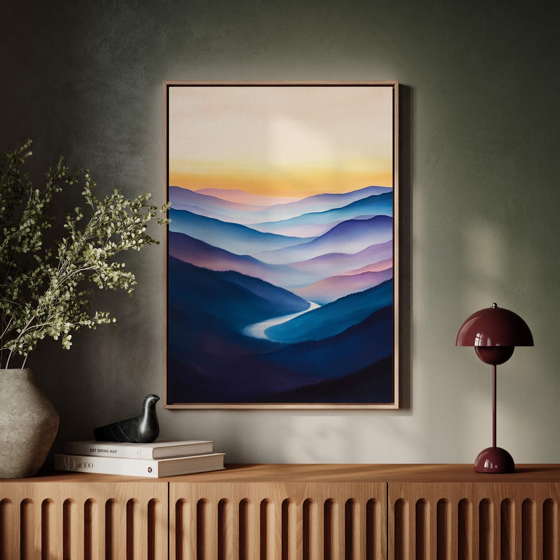 Abstract Mountain Sunset Layered Misty Hills And River At Dusk Serene Landscape Wall Art - Image 2