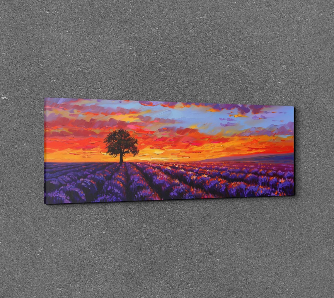 Lavender Field Sunset Lone Tree Impasto Oil Painting Floral Poster - Image 2
