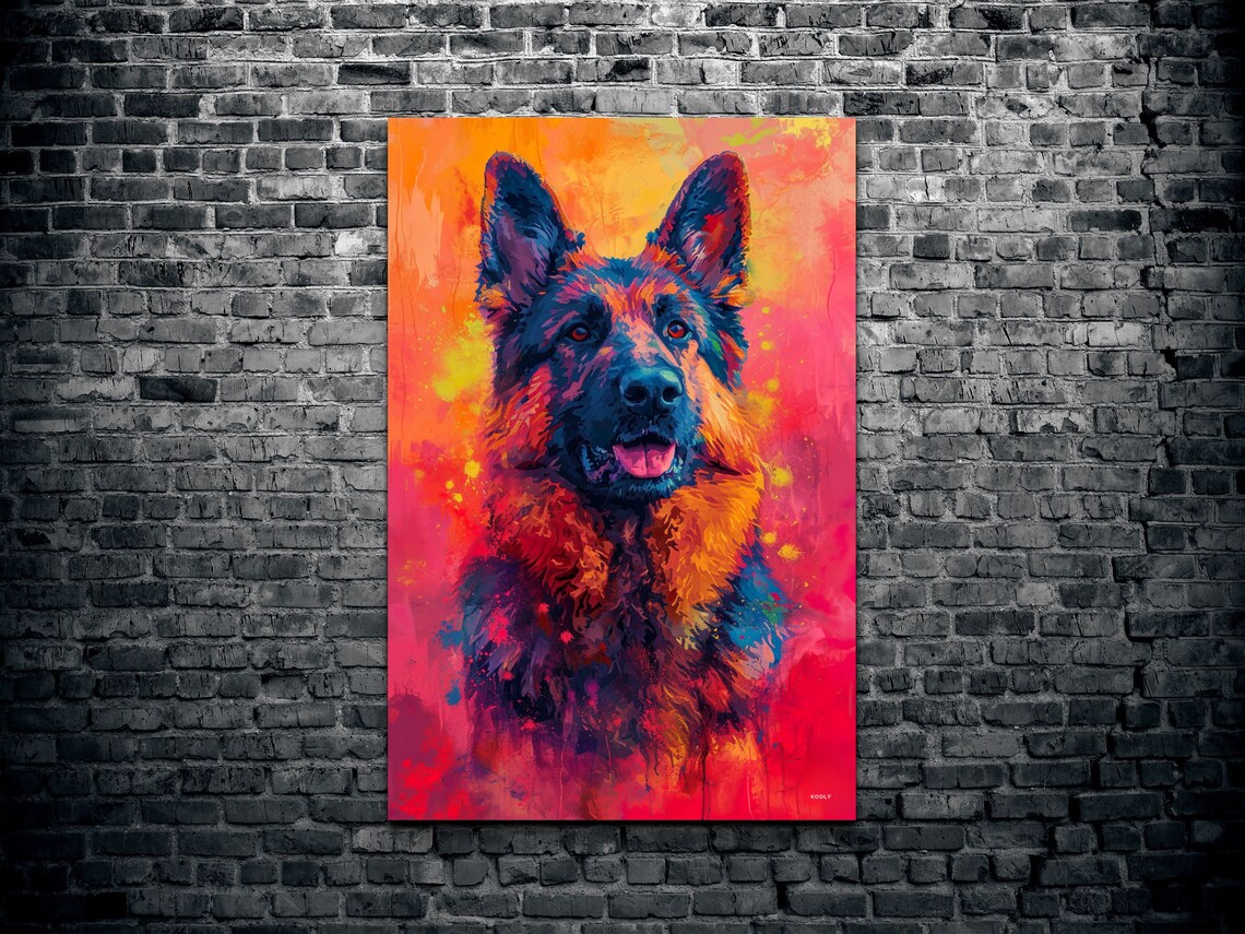 German Shepherd Dog Portrait on a Fiery Orange Red Background Poster - Image 2