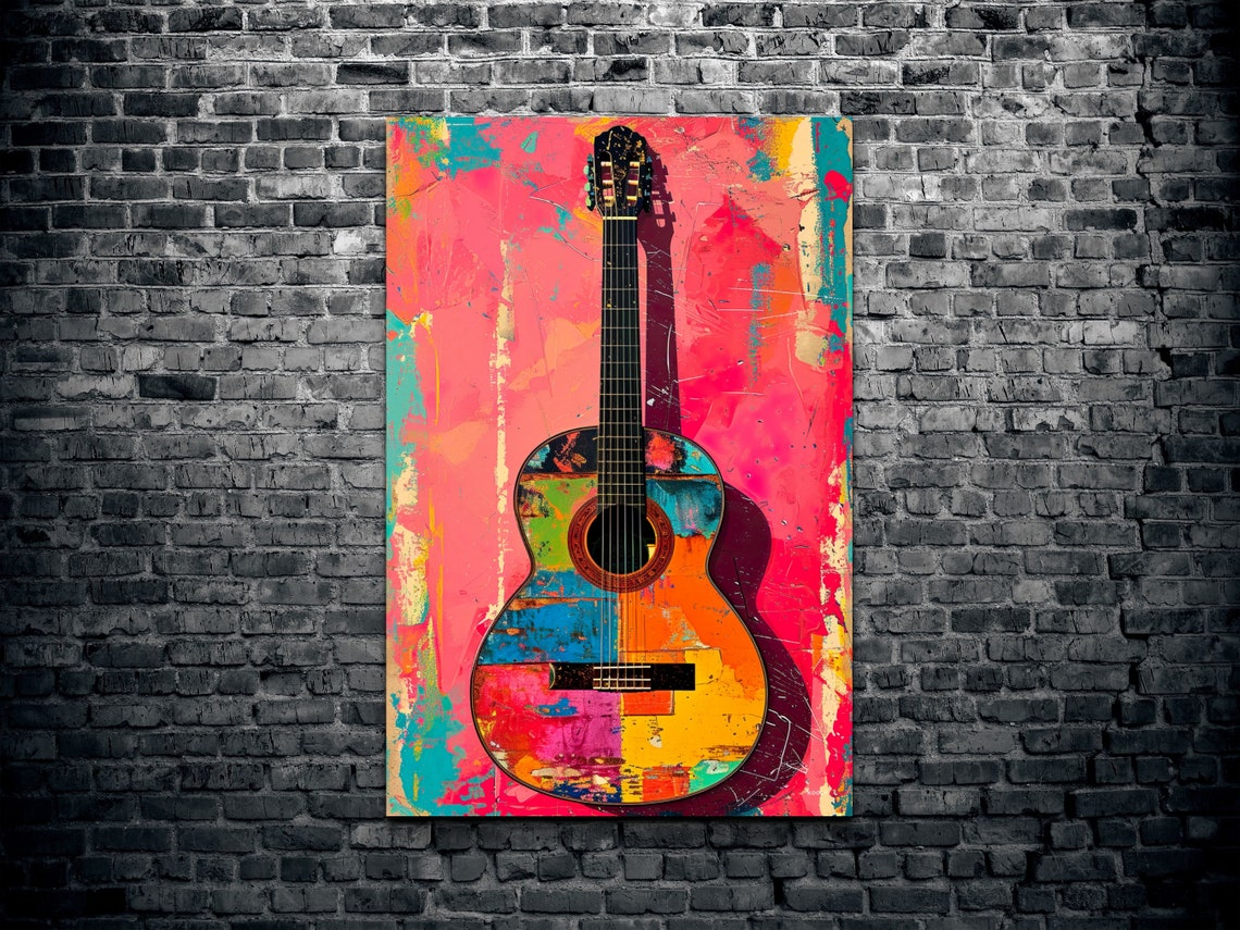 Pop Art Acoustic Guitar Colorful Patchwork Music Decor Wall Art - Image 2