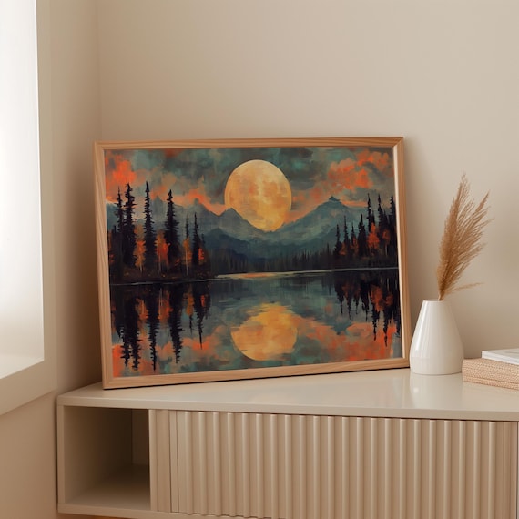A Golden Full Moon Over An Autumn Mountain Lake Reflection Poster