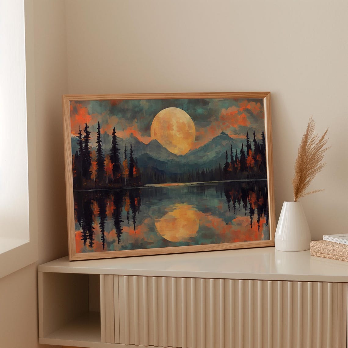 A Golden Full Moon Over An Autumn Mountain Lake Reflection Poster