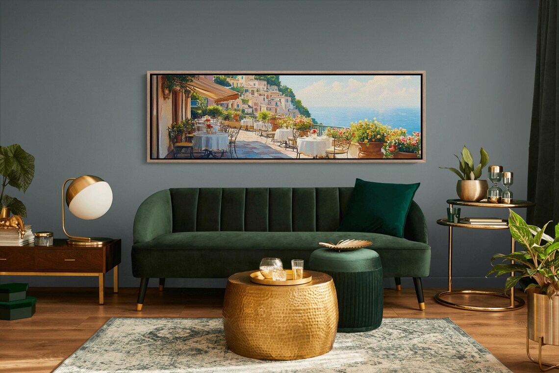 Mediterranean Terrace Cafe Seaside Coastal Town View Art Poster - Image 2