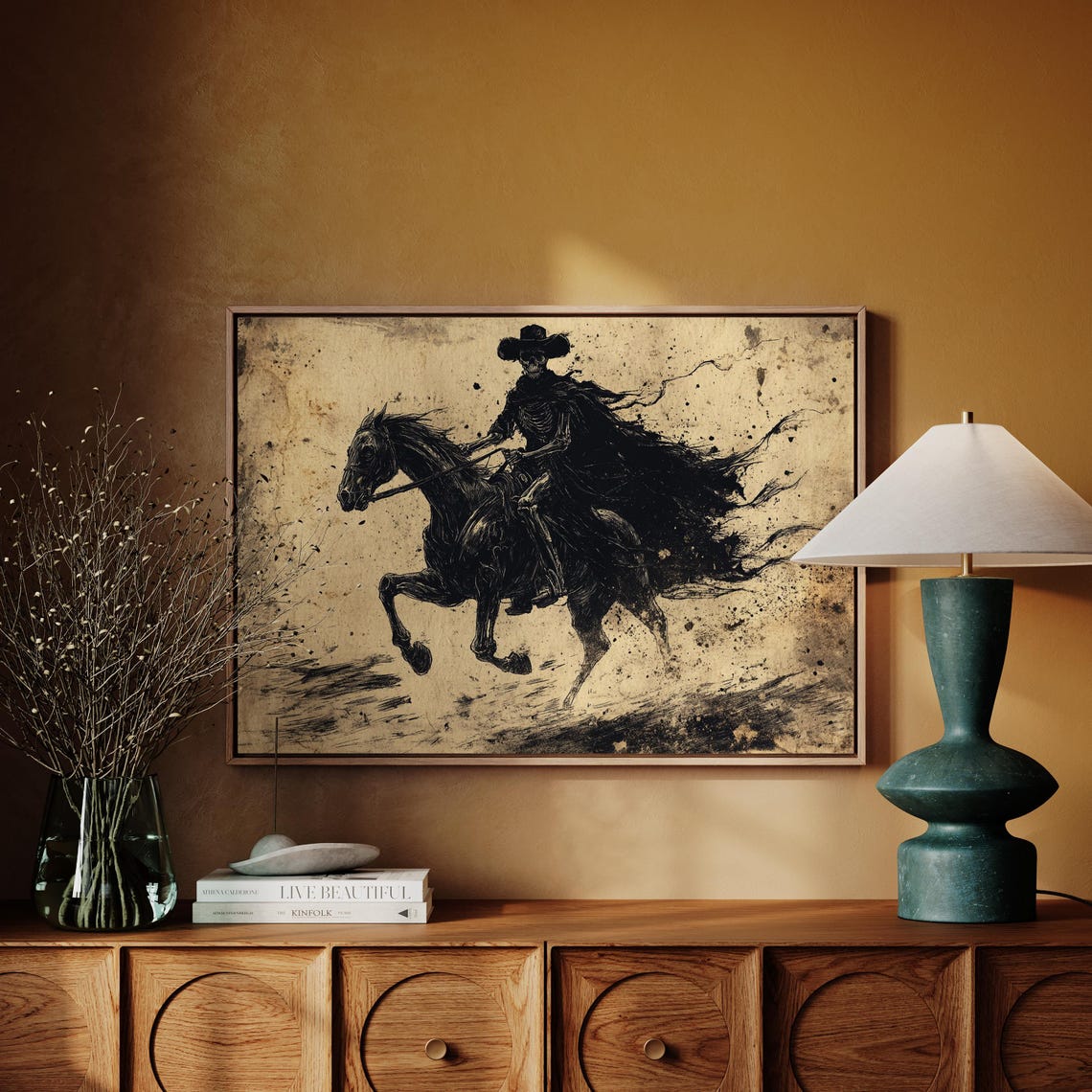 Skeleton Cowboy Riding Horse On Aged Parchment Dark Western Ink Poster - Image 6