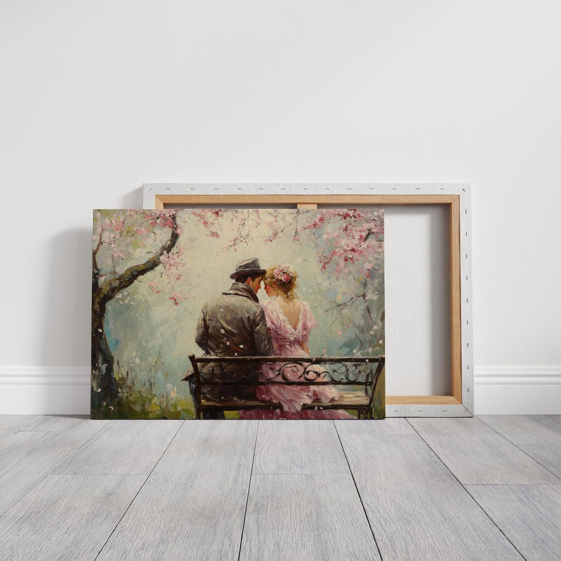 Vintage Couple On Bench Under Cherry Blossom Tree Romance Wall Art - Image 3