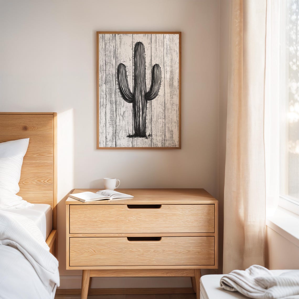 Minimalist Black and White Saguaro Cactus Sketch on Wood Print - Image 4