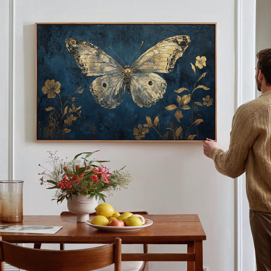 Antique Gold Butterfly Navy Blue Floral Vintage Wall Decor Poster - Image 2