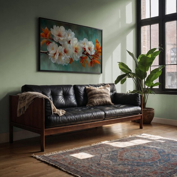 White Blossom Wall Art Canvas Floral Painting Print Botanical Bloom Decor Turquoise Orange Spring Flowers Elegant Nature Artwork