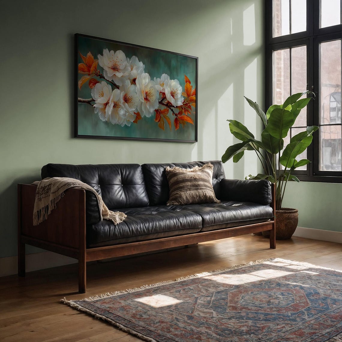 White Blossom Branch Orange Leaves Turquoise Floral Painting Poster