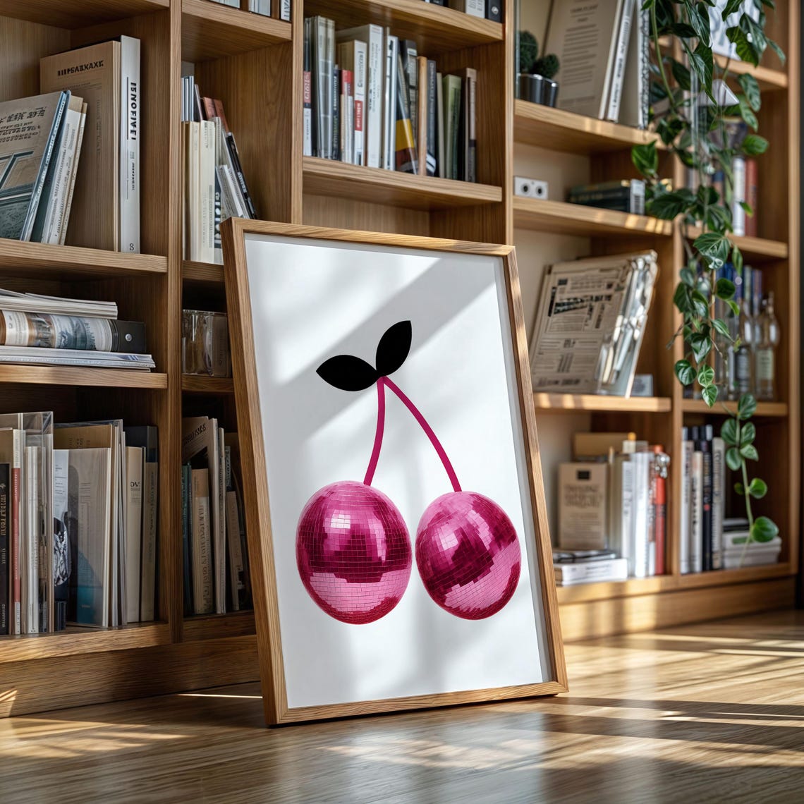 Pink Disco Ball Cherry Pair Funky Retro Pop Art Style Wall Poster