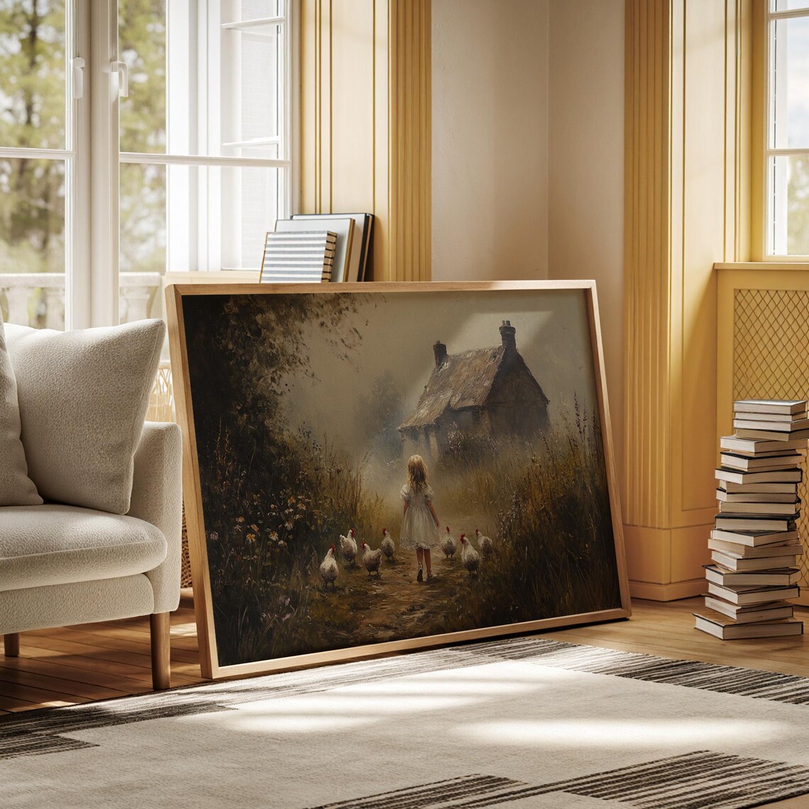 Rustic Cottage Girl With Chickens Vintage Art Print - Image 6