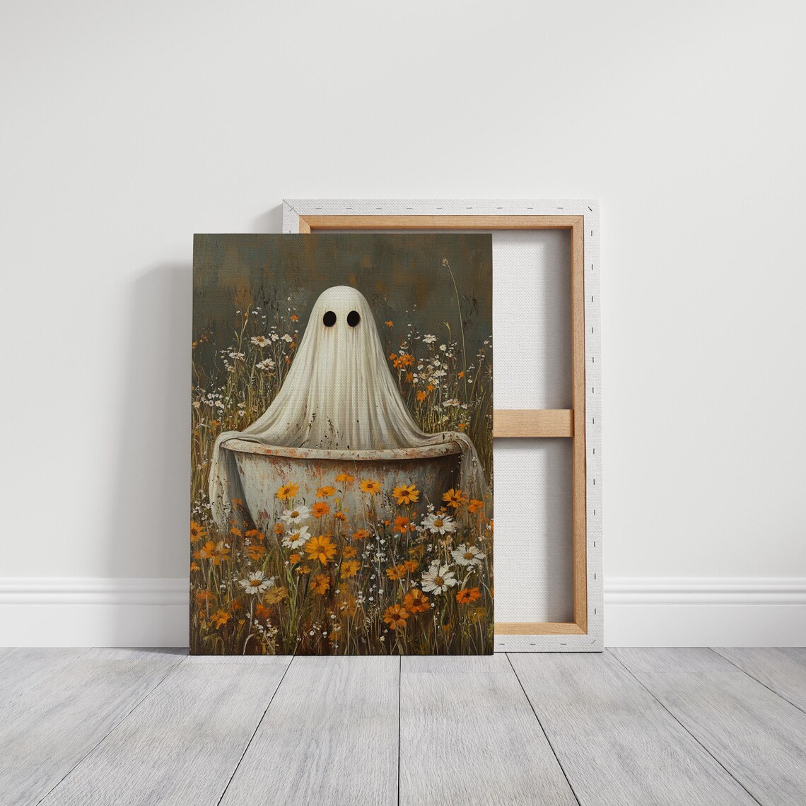 Cute Ghost In Vintage Bathtub Wildflower Halloween Art Poster - Image 7