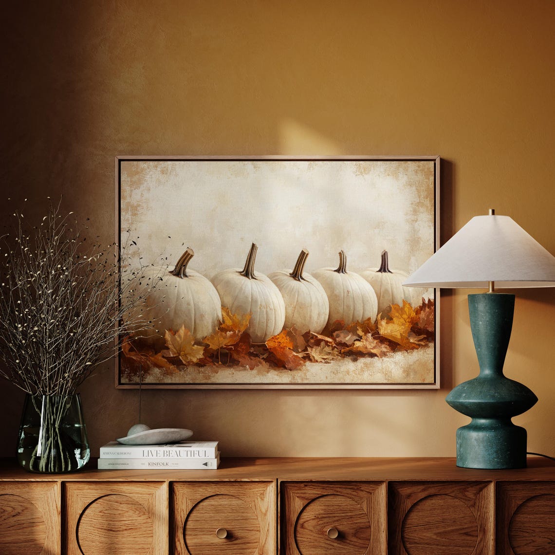 Five White Pumpkins In A Row Among Golden Autumn Leaves Fall Poster - Image 7