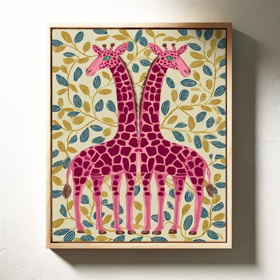 Twin Pink Giraffes Mirrored Decorative Botanical Leaf Pattern Painting Poster