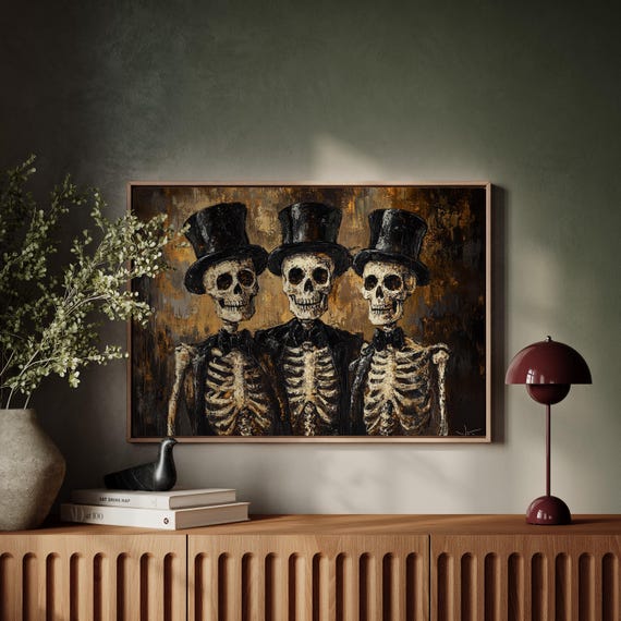 Dapper Skeleton Trio Gothic Halloween Art Print