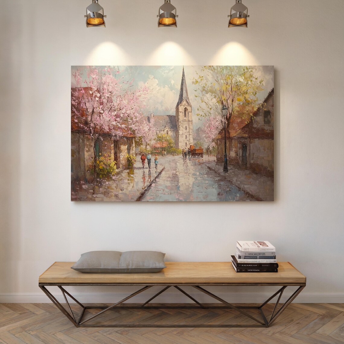 European Church Street With Cherry Blossoms Oil Painting Poster - Image 4