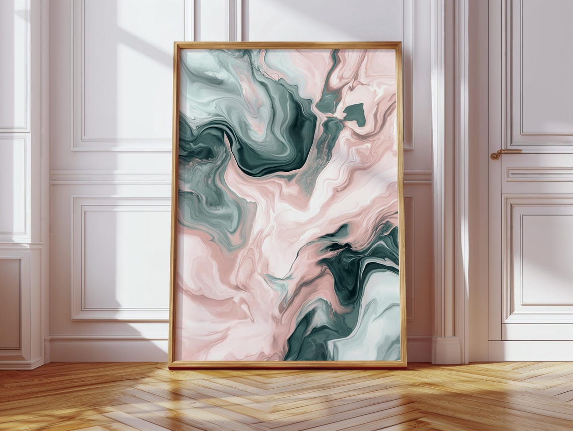 Blush Pink And Teal Marble Abstract Fluid Ink Wall Swirl Poster