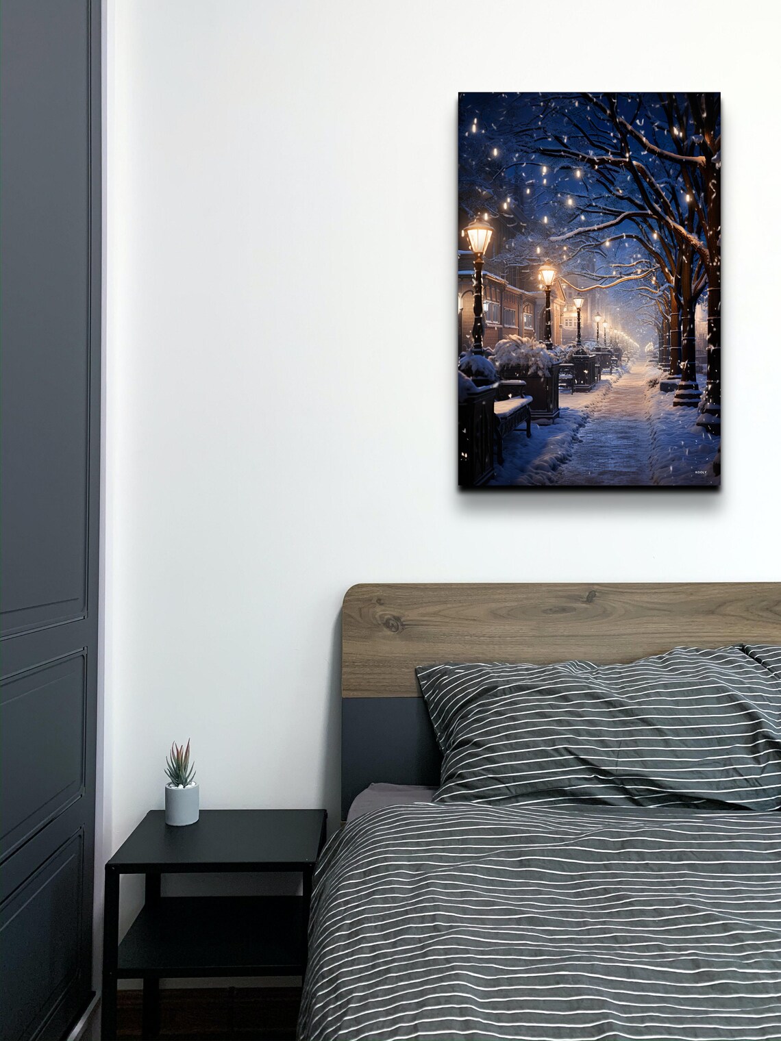 Snowy Winter Street Night Glowing Lamps Falling Snow Art Poster - Image 3