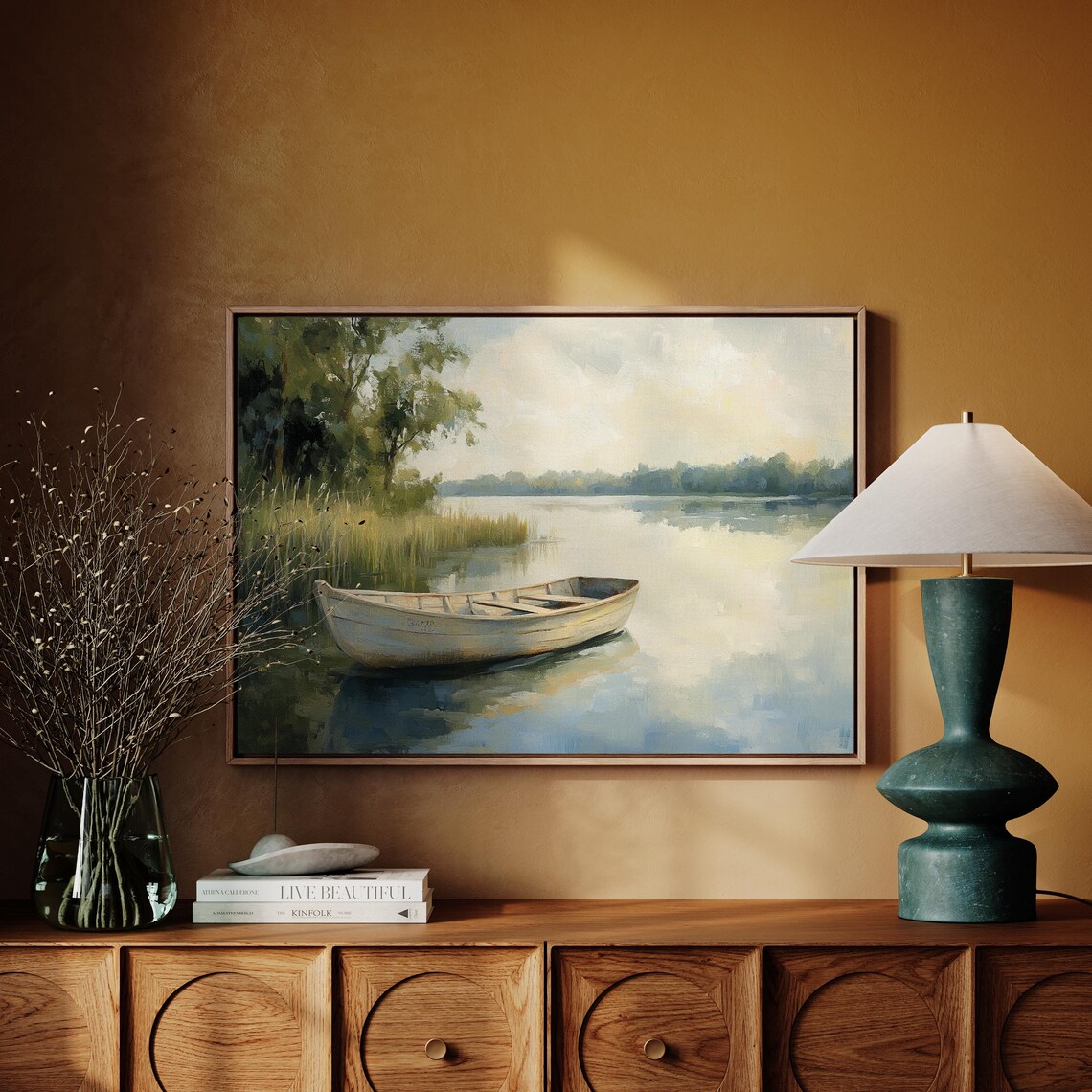 White Rowboat Misty Lake Golden Morning Serene Nature Poster - Image 6