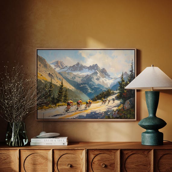 Cyclists In Mountain Road Oil Painting Canvas Wall Art Cycling Adventure Landscape Print Sports Enthusiast Decor For Home Or Office